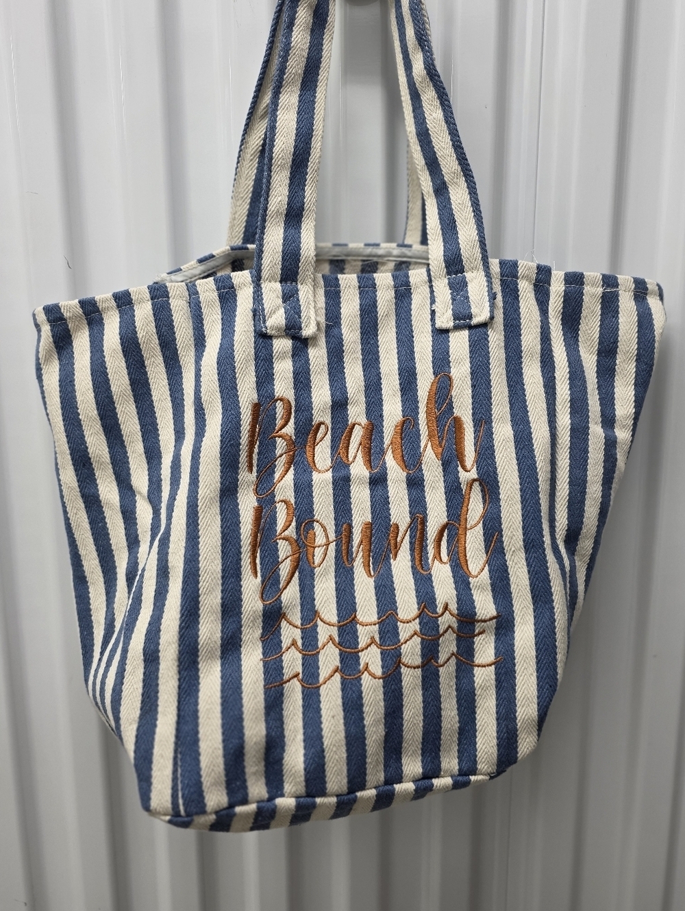 Striped Canvas Tote Bag - 'Beach Bound' Embroidery - Picture 1 of 3
